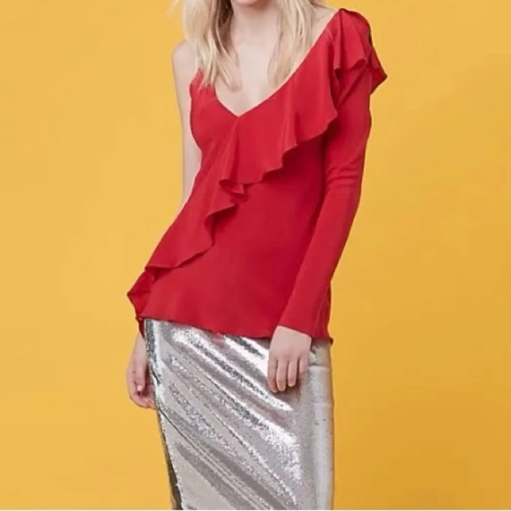 NWT Diane Von Furstenberg One-Shoulder Red Ruffle Blouse Top 4 - Picture 2 of 6